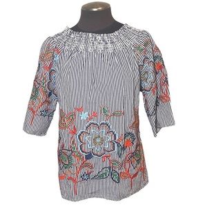 Studio West Apparel Off Shoulder Hairline Stripe Floral Embroidered Blouse Sz L